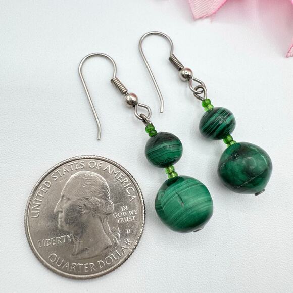 Green Malachite Gemstone Bead Earrings Dangle Lapidary Gem Earthy Forestcore - Picture 9 of 12